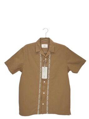 Folk Men's Size Small Maze Short Sleeve Cotton Linen Shirt Button Up Tan New NWT